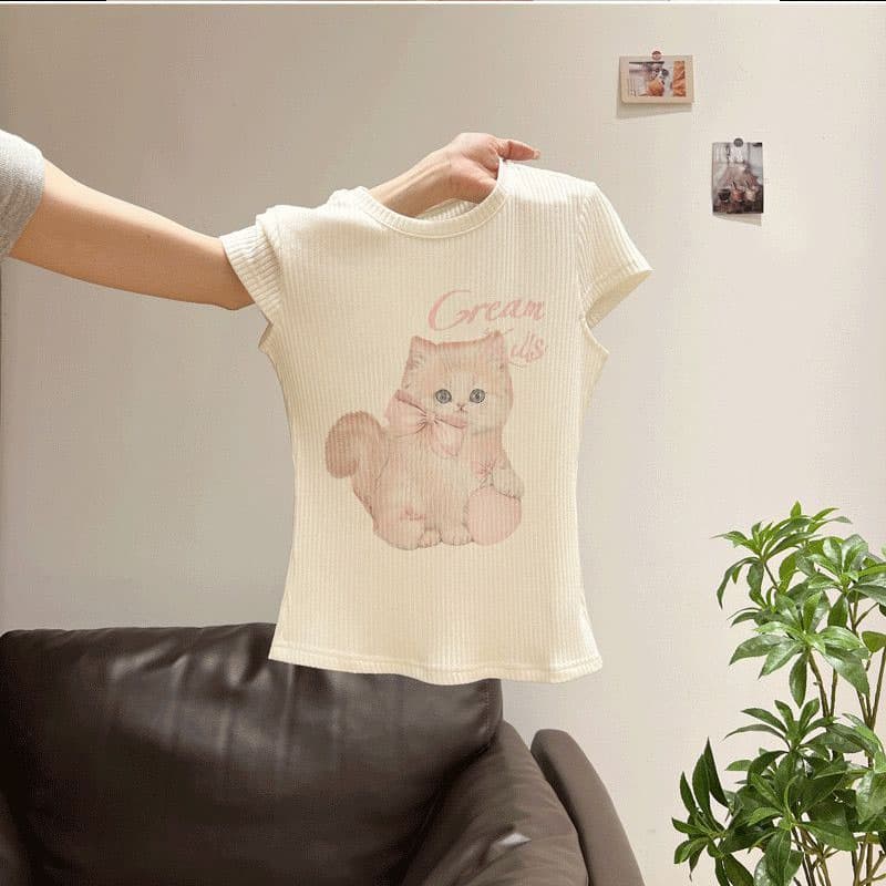 있음 선적 귀여운 연령 감소 고양이 프린트 패턴 긍정적 인 어깨 반팔 티셔츠 여름 새로운 아름다운 맨위 상세 이미지 5