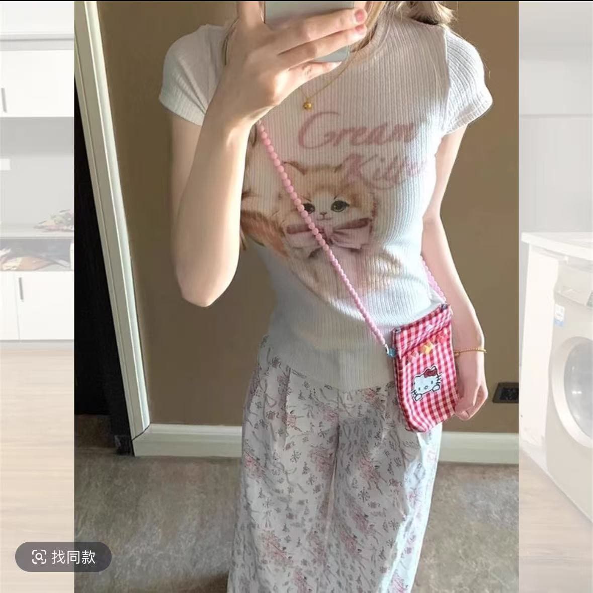 있음 선적 귀여운 연령 감소 고양이 프린트 패턴 긍정적 인 어깨 반팔 티셔츠 여름 새로운 아름다운 맨위 상세 이미지 6