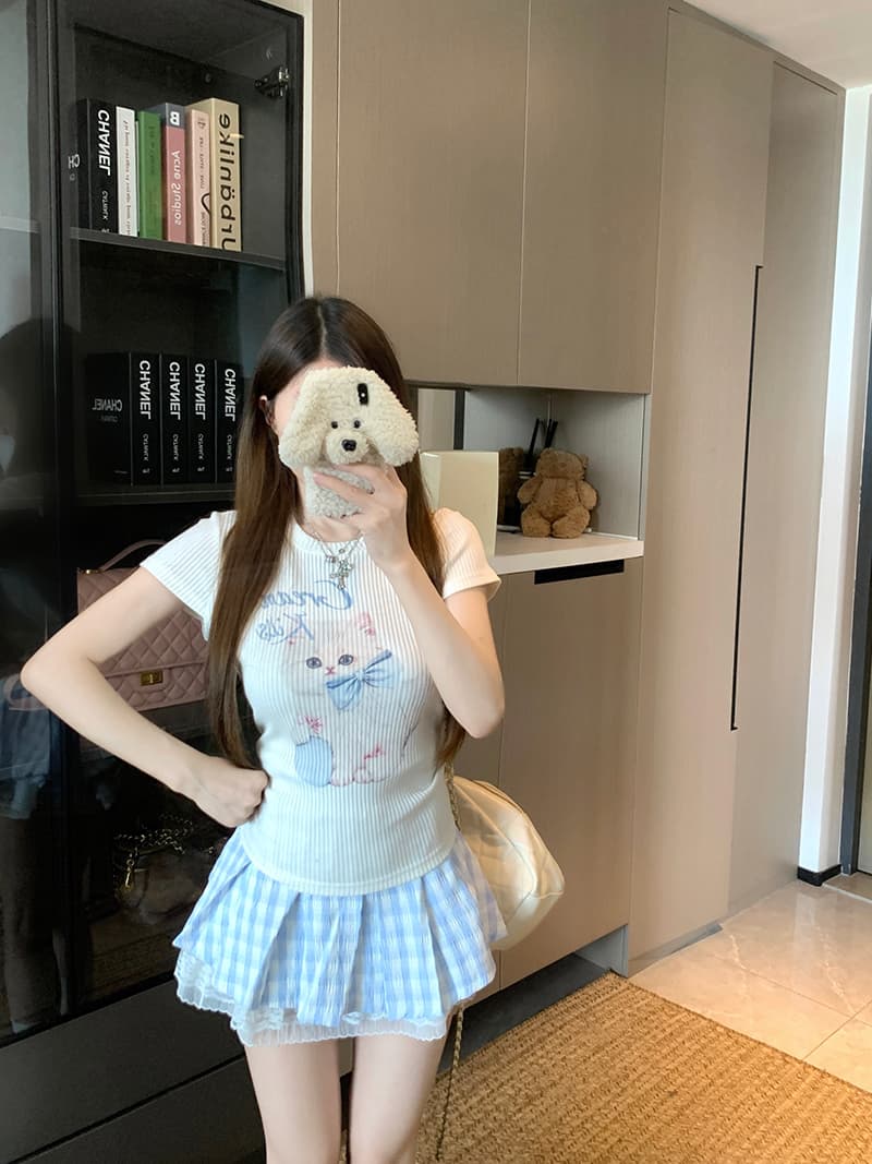 있음 선적 귀여운 연령 감소 고양이 프린트 패턴 긍정적 인 어깨 반팔 티셔츠 여름 새로운 아름다운 맨위 상세 이미지 7