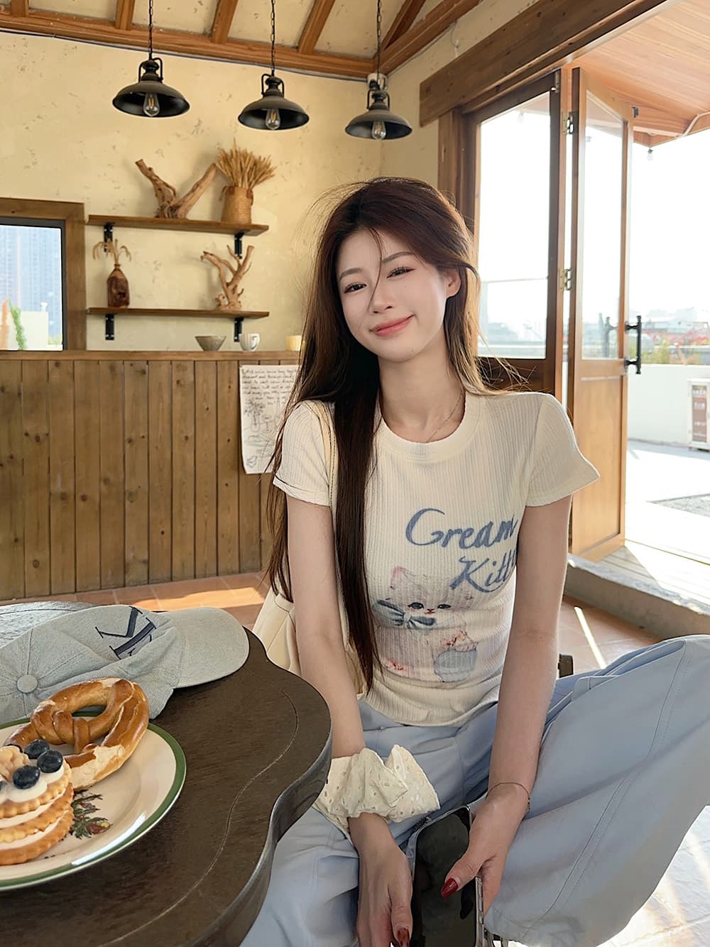 있음 선적 귀여운 연령 감소 고양이 프린트 패턴 긍정적 인 어깨 반팔 티셔츠 여름 새로운 아름다운 맨위 상세 이미지 10