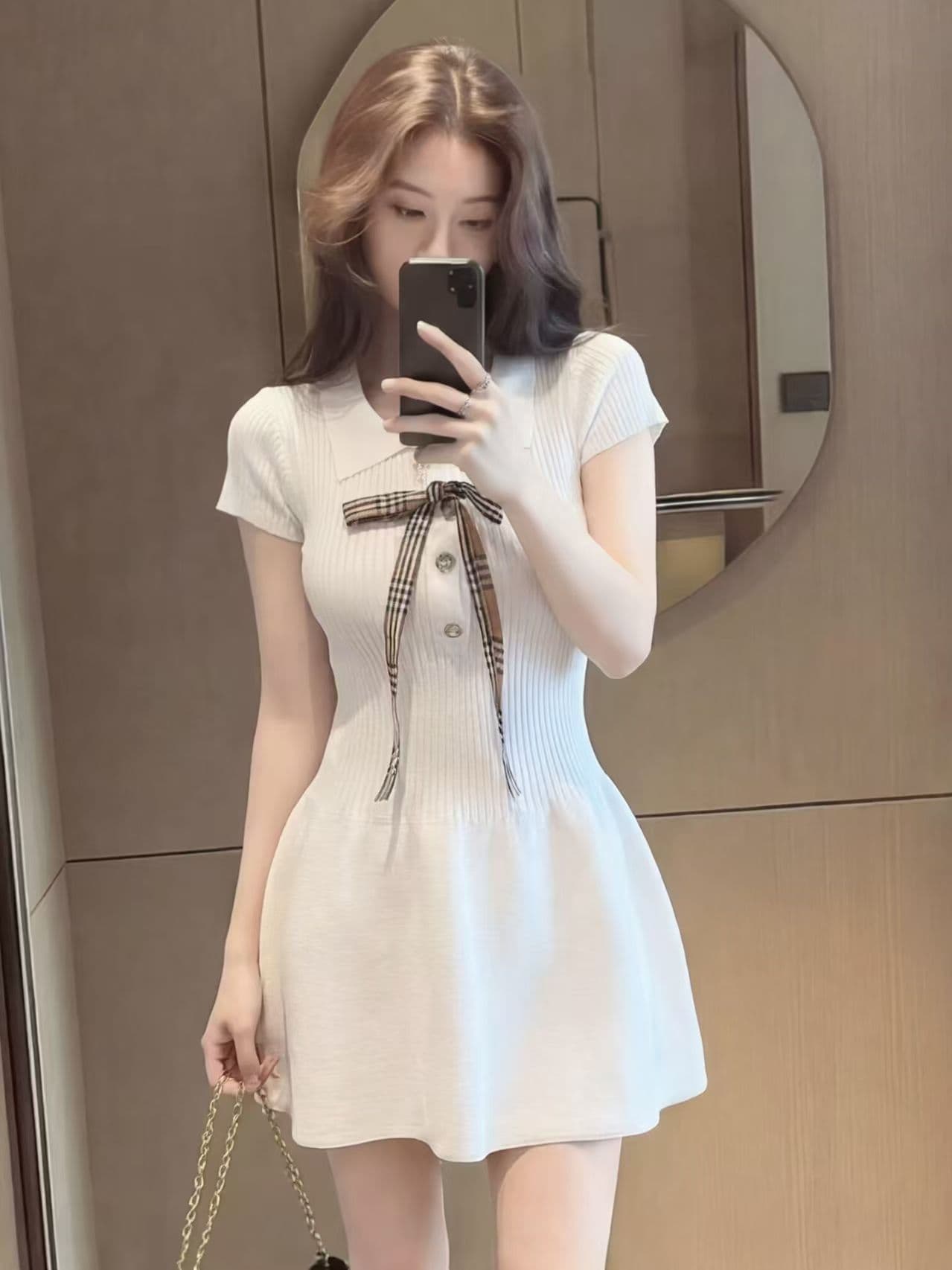 있음 선적 프랑스식 그는 벤 품격 POLO 칼라 허리 수축 니트 여성 드레스 여름 나비 매듭 외국 가스 고급 센스 상세 이미지 6