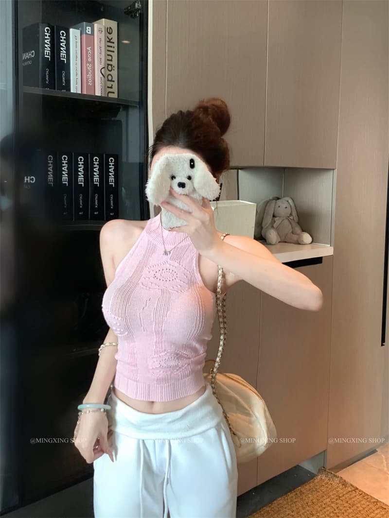 tongiiuu rose giri 홀로우 아웃 트위스트 꽃 니트 행침 목 조끼 여성 몸매 가꾸기 슬림해 보이는 민소매 맨위 여름 상세 이미지 7