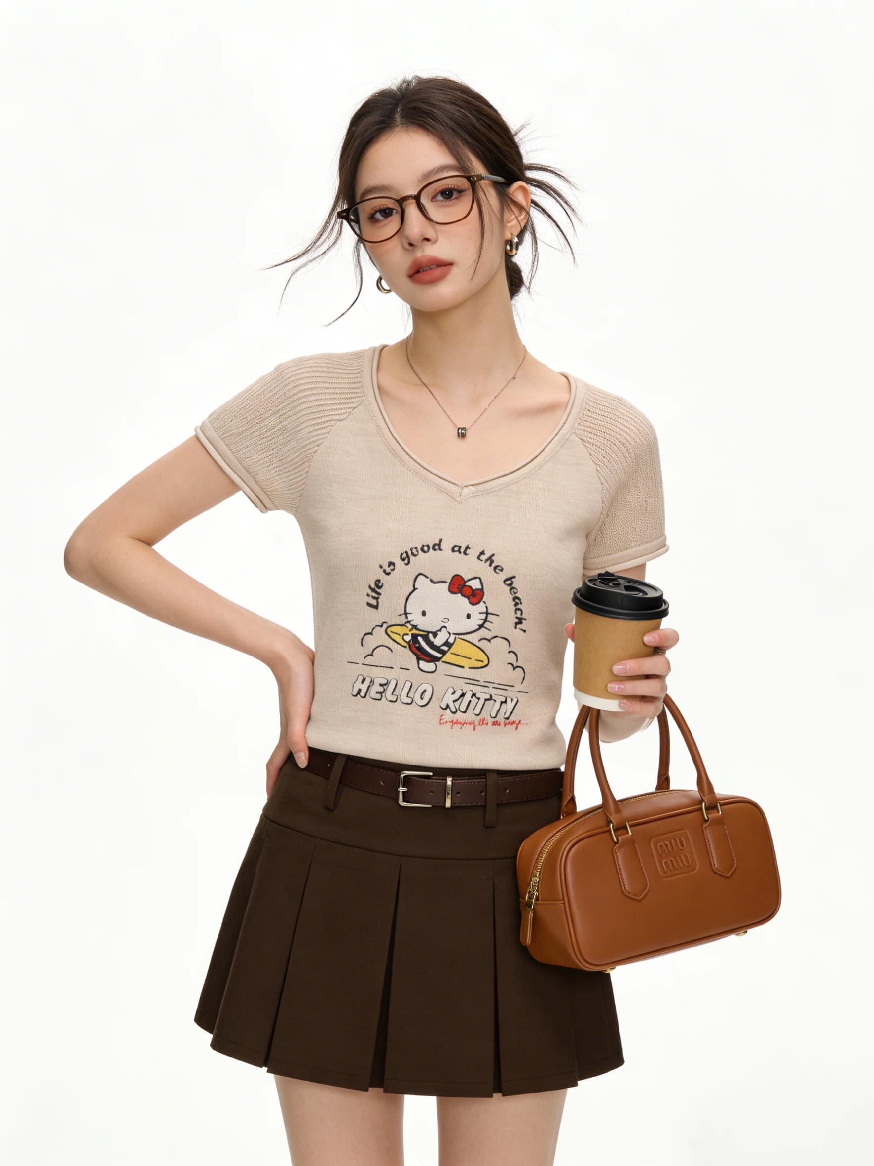 품격 프로 피부 다용도 만화 고양이 프린트 몸매 가꾸기 슬림해 보이는 반팔 티셔츠 여름 새로운 V넥 쇼트 스타일 맨위 상세 이미지 3