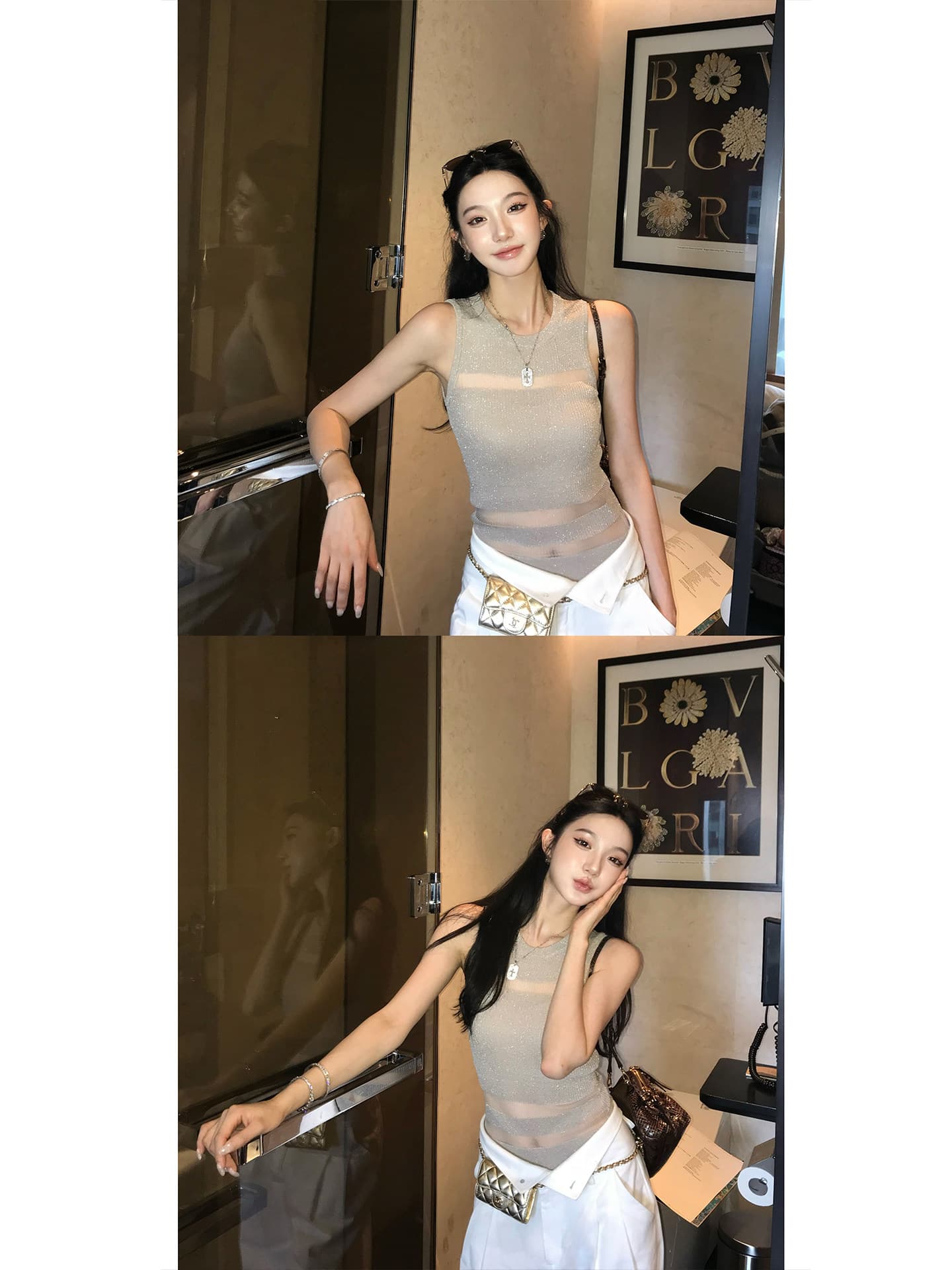 지구 Ouyang 부드러운 빛 판금 보존 섹션 엷 은 안개 마이크로 ~을 통해 빛 럭셔리 질감 좋은 플래시 니트 분할 홀로우 아웃 조끼 이미지 2