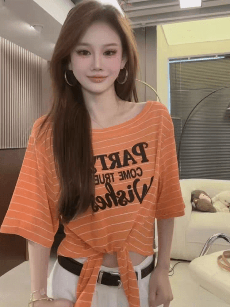 아메리칸 핫걸 바람 비스듬한 어깨 알파벳 프린트 스트랩 반팔 티셔츠 여성 2026 여름 새로운 허리 수축 슬림해 보이는 맨위 이미지 3