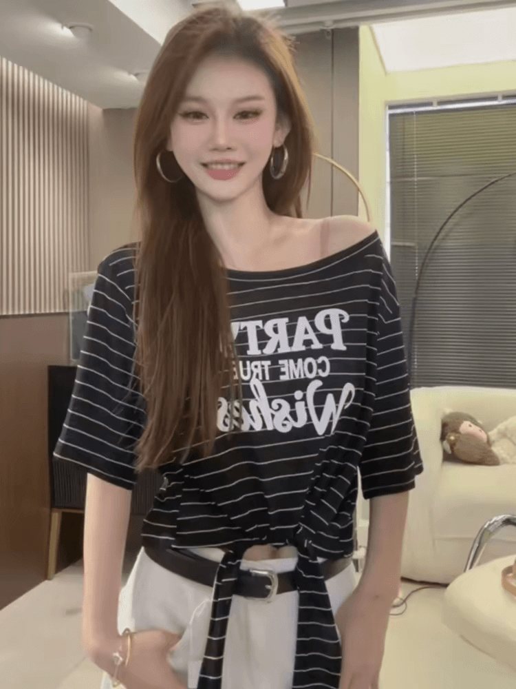 아메리칸 핫걸 바람 비스듬한 어깨 알파벳 프린트 스트랩 반팔 티셔츠 여성 2026 여름 새로운 허리 수축 슬림해 보이는 맨위 상세 이미지 3