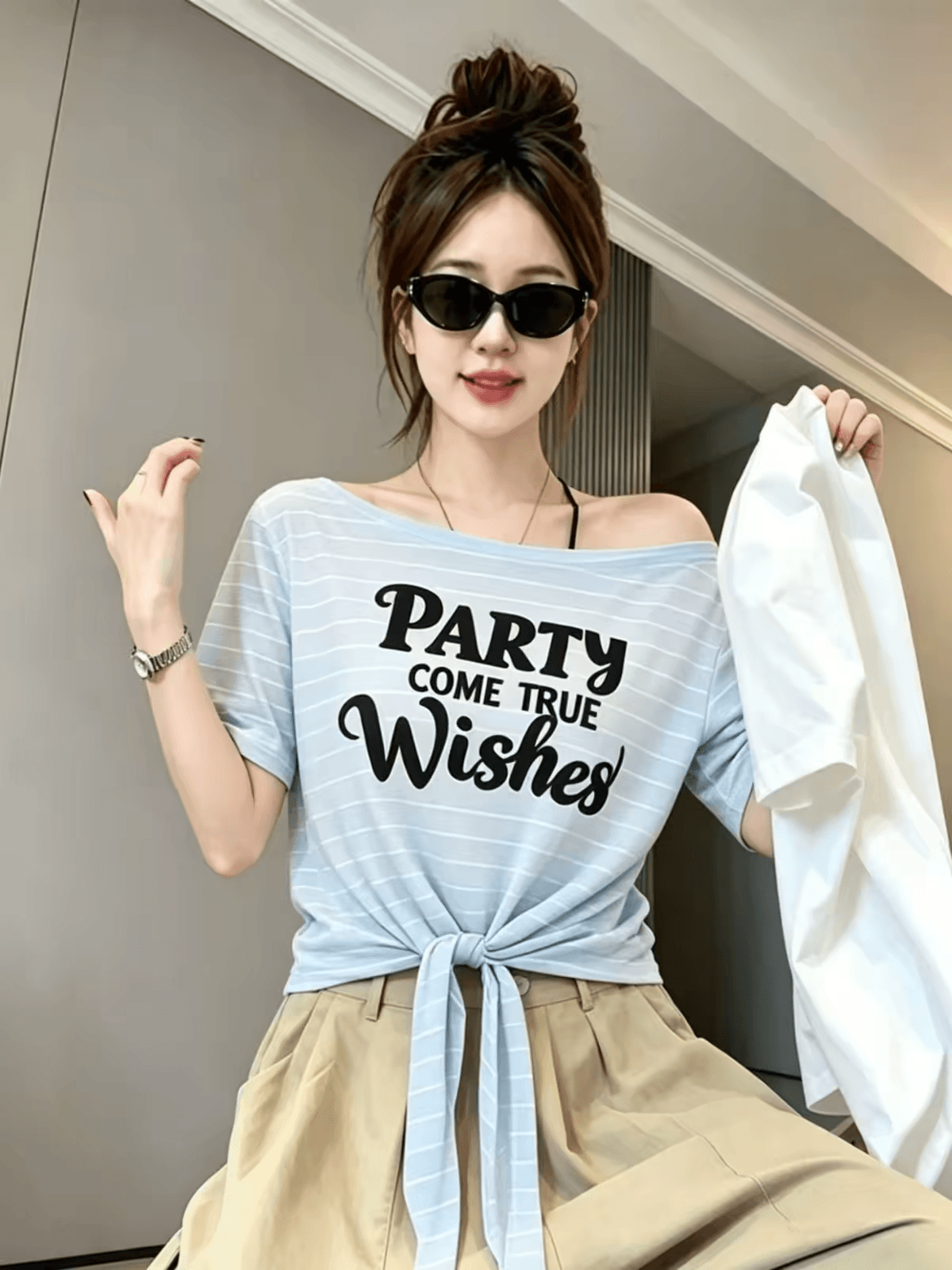 아메리칸 핫걸 바람 비스듬한 어깨 알파벳 프린트 스트랩 반팔 티셔츠 여성 2026 여름 새로운 허리 수축 슬림해 보이는 맨위 상세 이미지 6