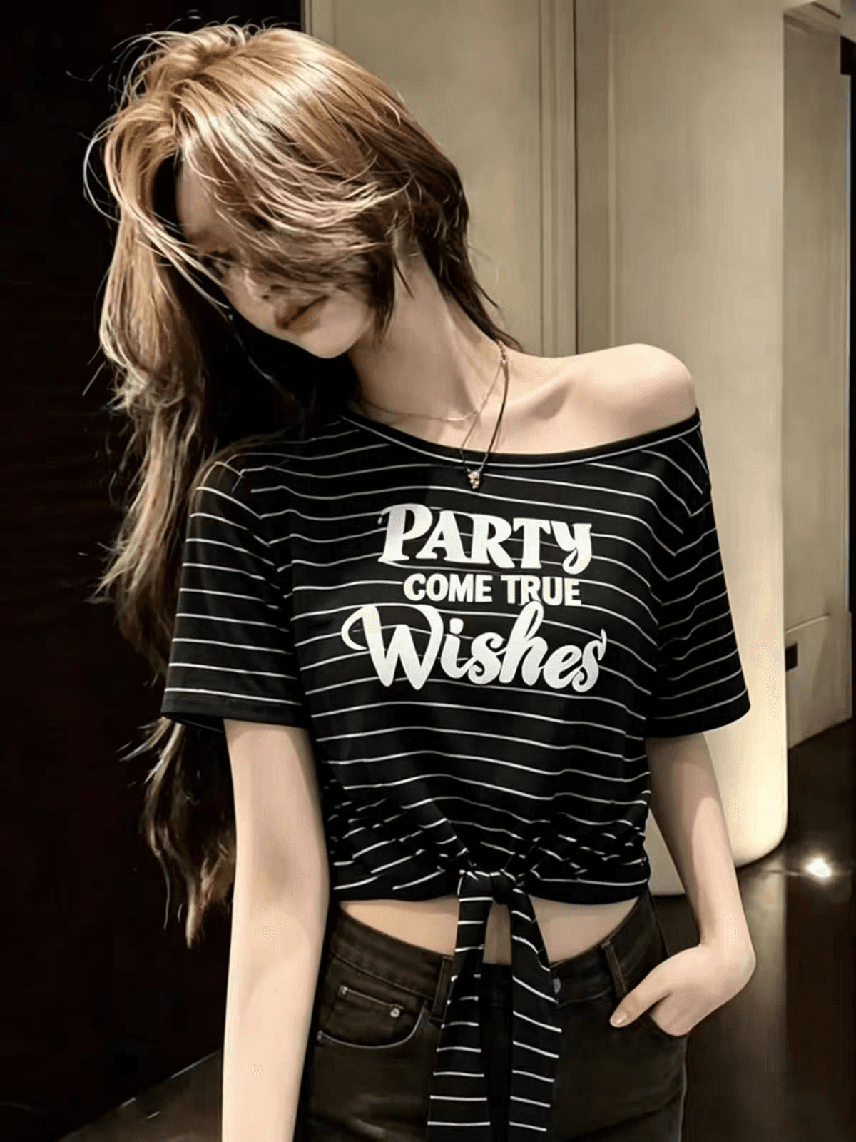 아메리칸 핫걸 바람 비스듬한 어깨 알파벳 프린트 스트랩 반팔 티셔츠 여성 2026 여름 새로운 허리 수축 슬림해 보이는 맨위 상세 이미지 8
