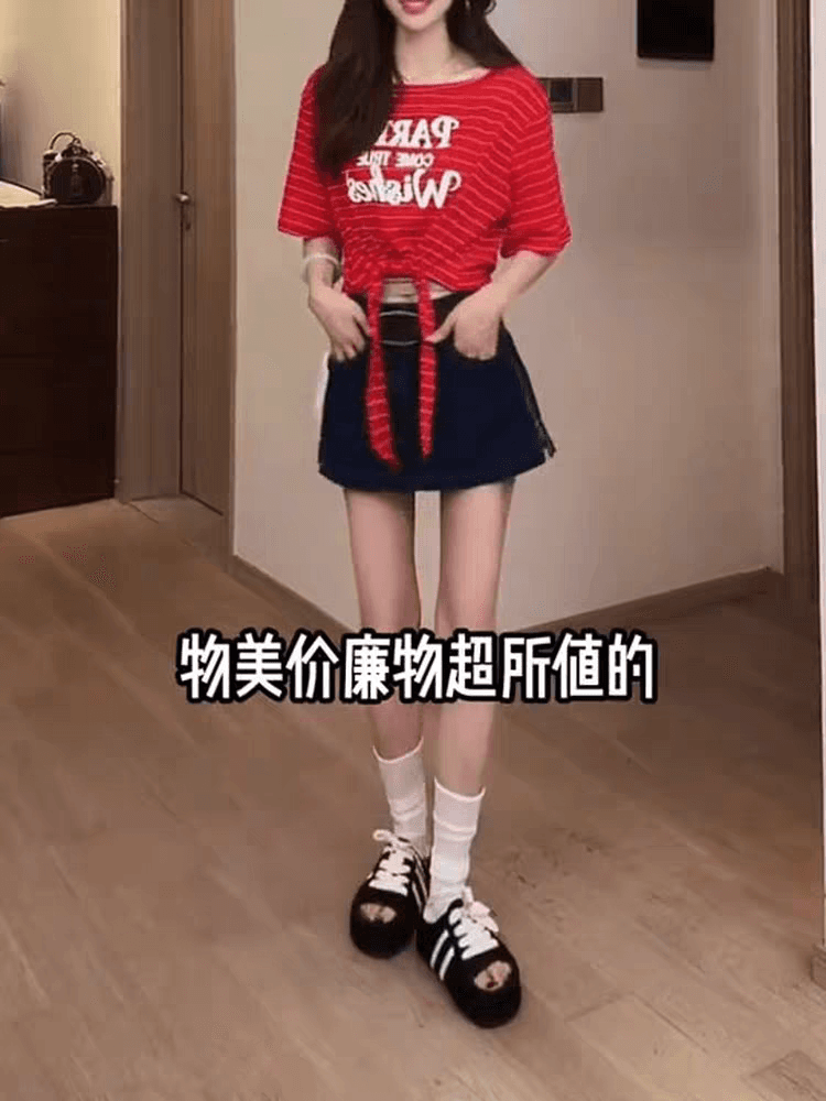 아메리칸 핫걸 바람 비스듬한 어깨 알파벳 프린트 스트랩 반팔 티셔츠 여성 2026 여름 새로운 허리 수축 슬림해 보이는 맨위 상세 이미지 9