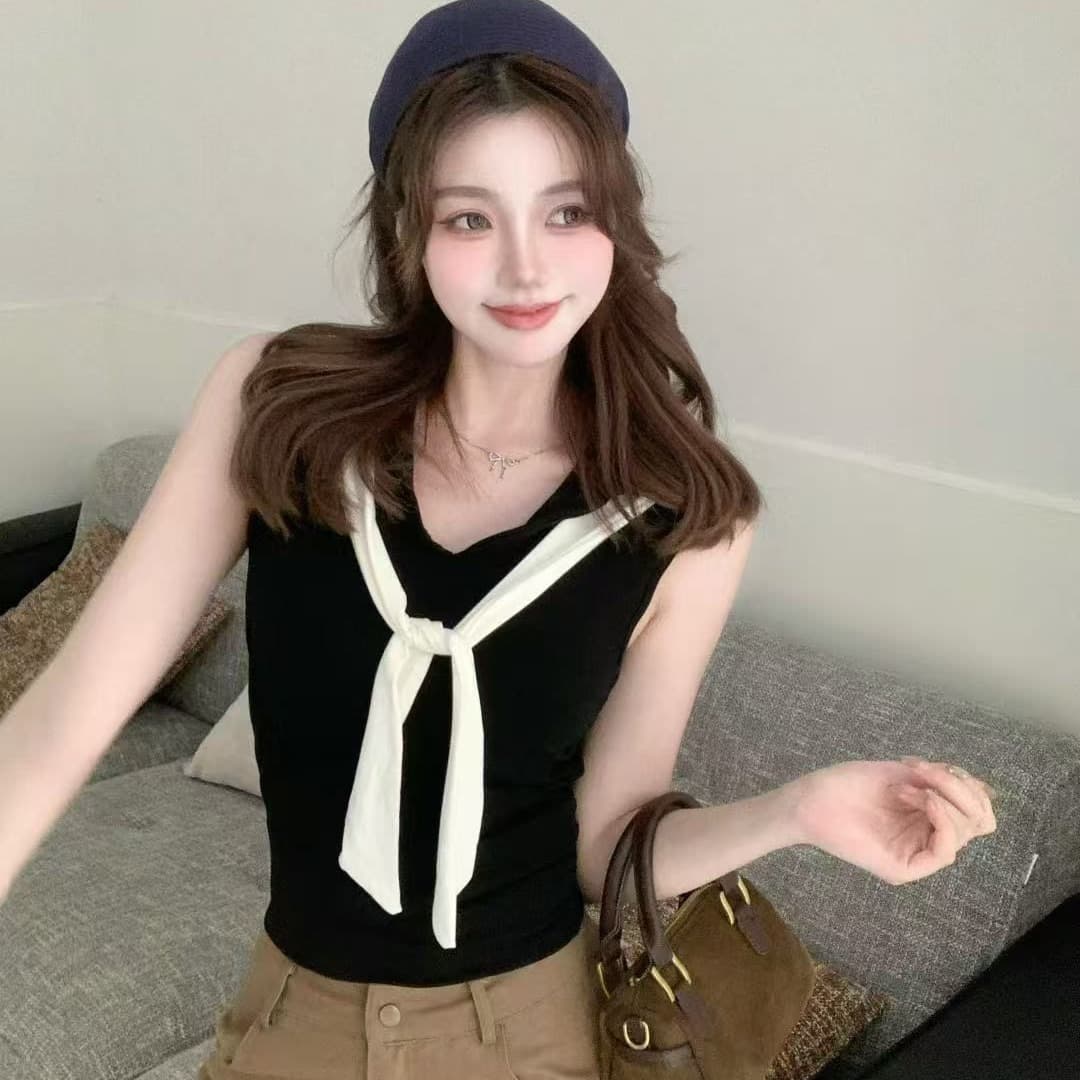 2026 새로운 가슴 패드 배색 해군 칼라 페이크 레이어드 조끼 여성 봄 여름 외출용 꼬집기 허리 몸매 가꾸기 민소매 맨위 이미지 5