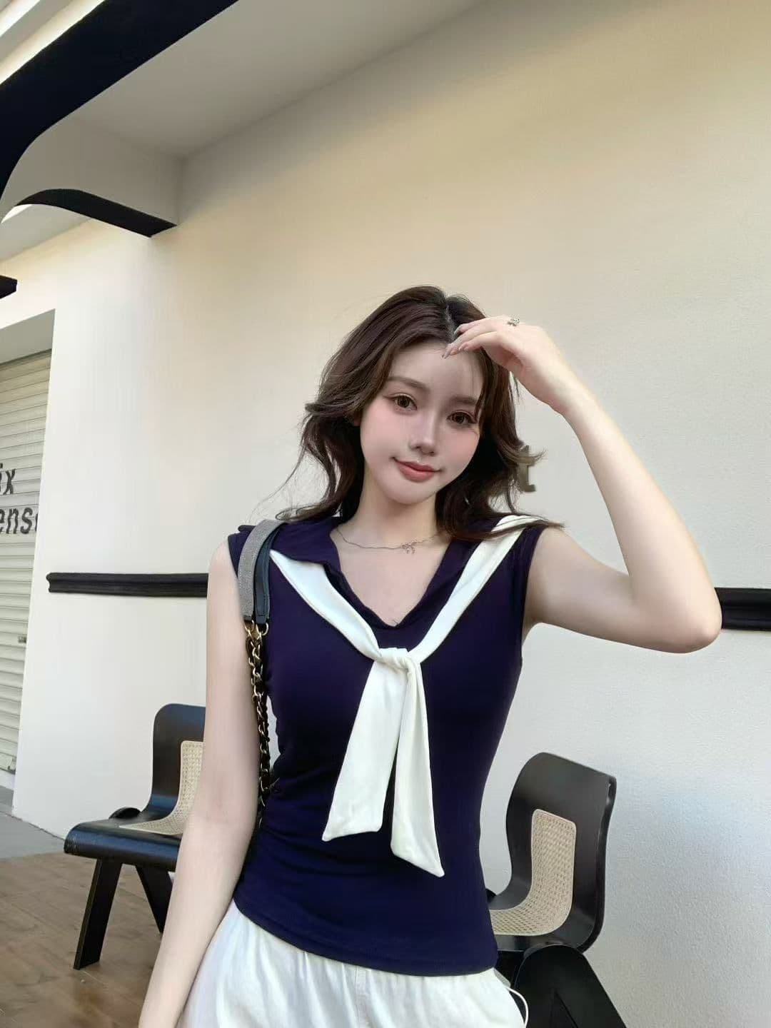 2026 새로운 가슴 패드 배색 해군 칼라 페이크 레이어드 조끼 여성 봄 여름 외출용 꼬집기 허리 몸매 가꾸기 민소매 맨위 상세 이미지 26