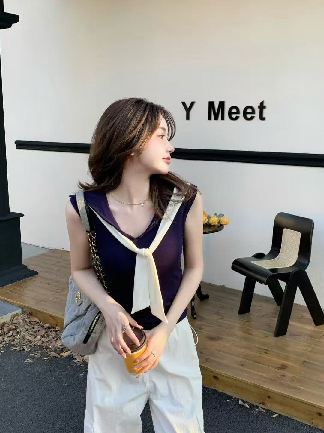 2026 새로운 가슴 패드 배색 해군 칼라 페이크 레이어드 조끼 여성 봄 여름 외출용 꼬집기 허리 몸매 가꾸기 민소매 맨위 상세 이미지 27