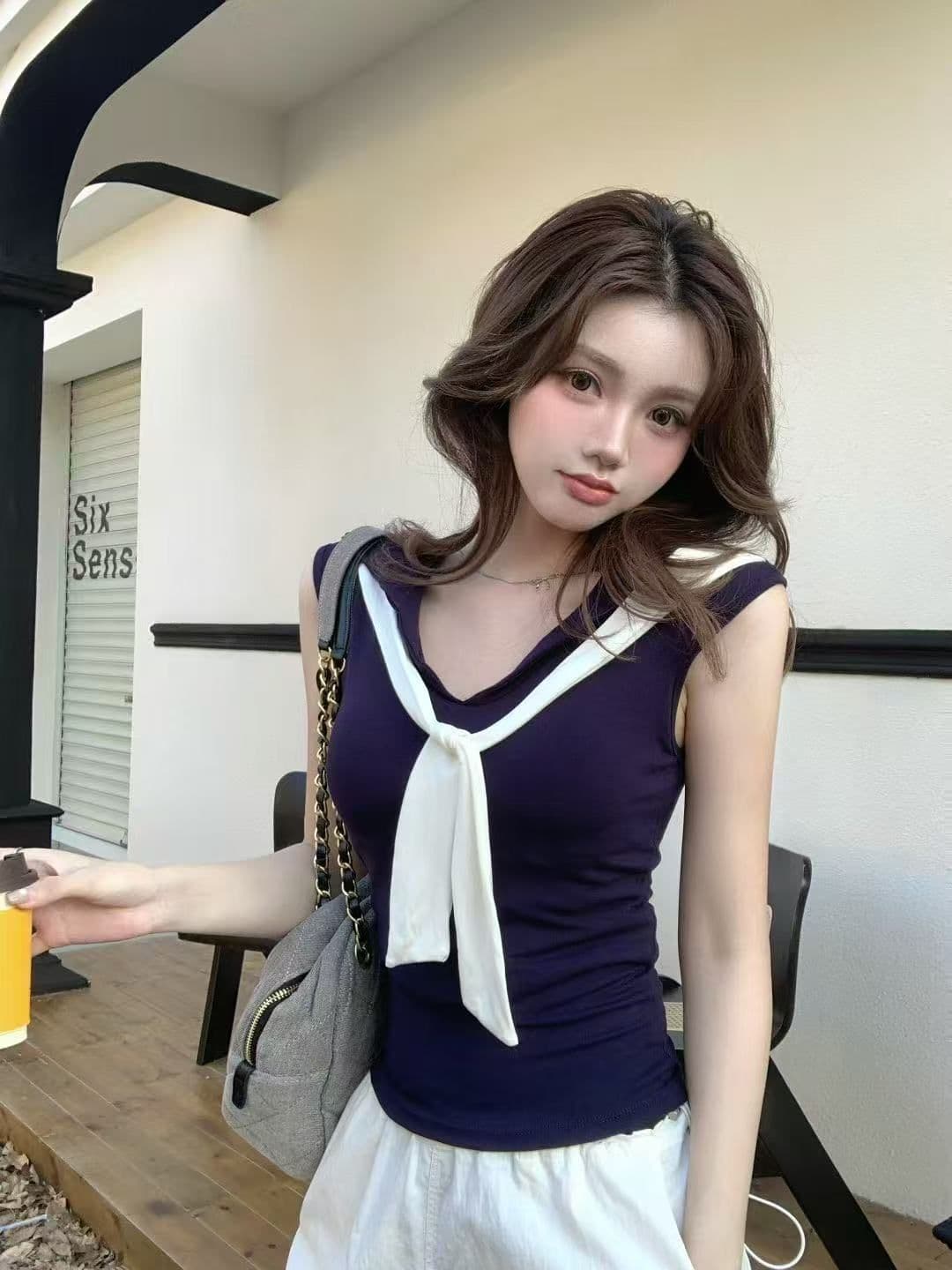 2026 새로운 가슴 패드 배색 해군 칼라 페이크 레이어드 조끼 여성 봄 여름 외출용 꼬집기 허리 몸매 가꾸기 민소매 맨위 상세 이미지 30