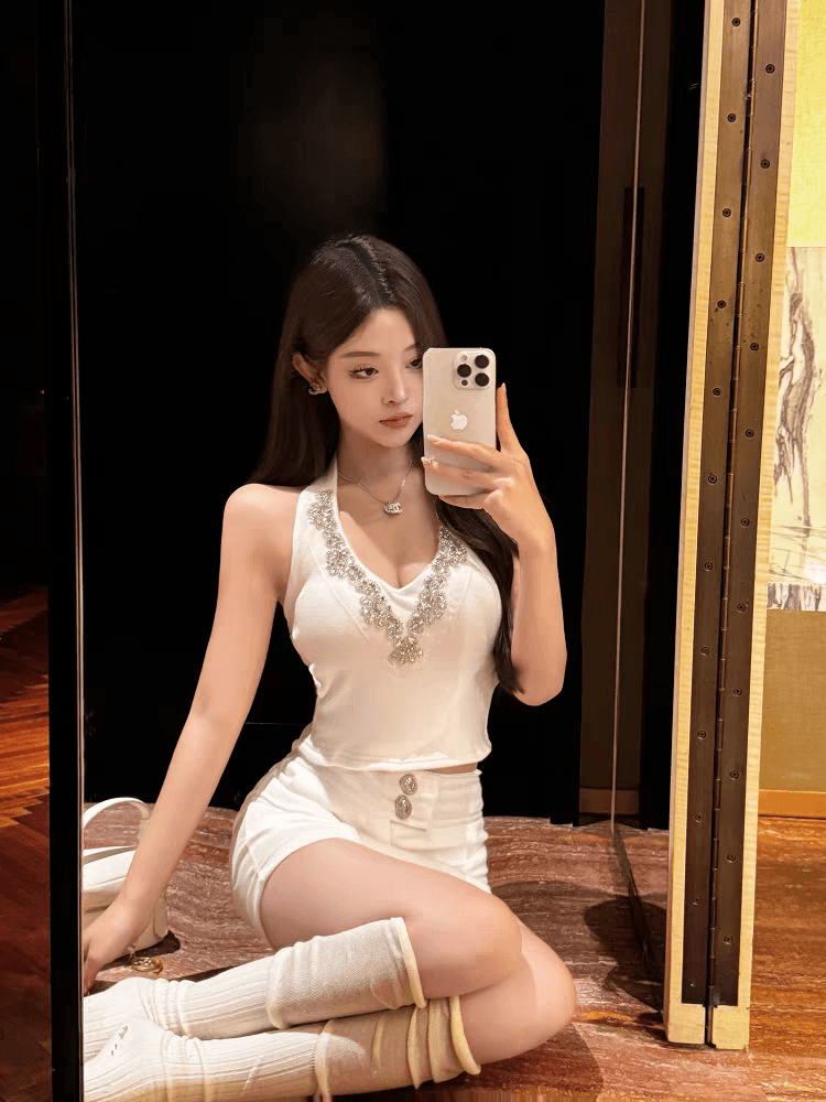 순수한 욕망 핫걸 V넥 다이아몬드 세팅 허리 수축 슬림해 보이는 민소매 조끼 봄 여름 새로운 섹시함 백리스 맨위 인사이드 가져 가라. 외출용 상세 이미지 7