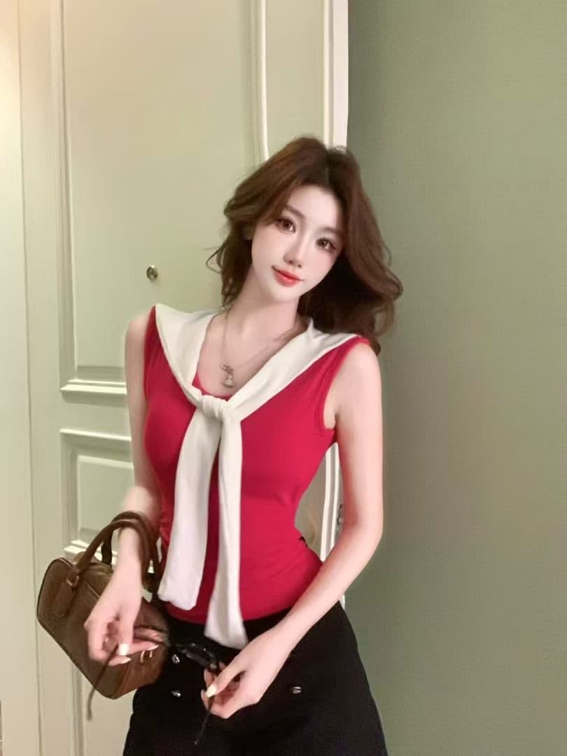 2026 새로운 봄 가슴 패드 배색 레이스업 V넥 민소매 조끼 여성 여름 인사이드 가져 가라. 외출용 허리 수축 슬림해 보이는 맨위 이미지 2