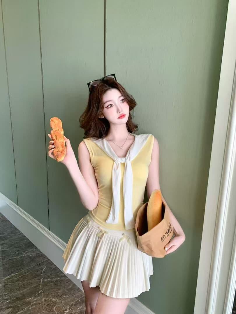 2026 새로운 봄 가슴 패드 배색 레이스업 V넥 민소매 조끼 여성 여름 인사이드 가져 가라. 외출용 허리 수축 슬림해 보이는 맨위 상세 이미지 3