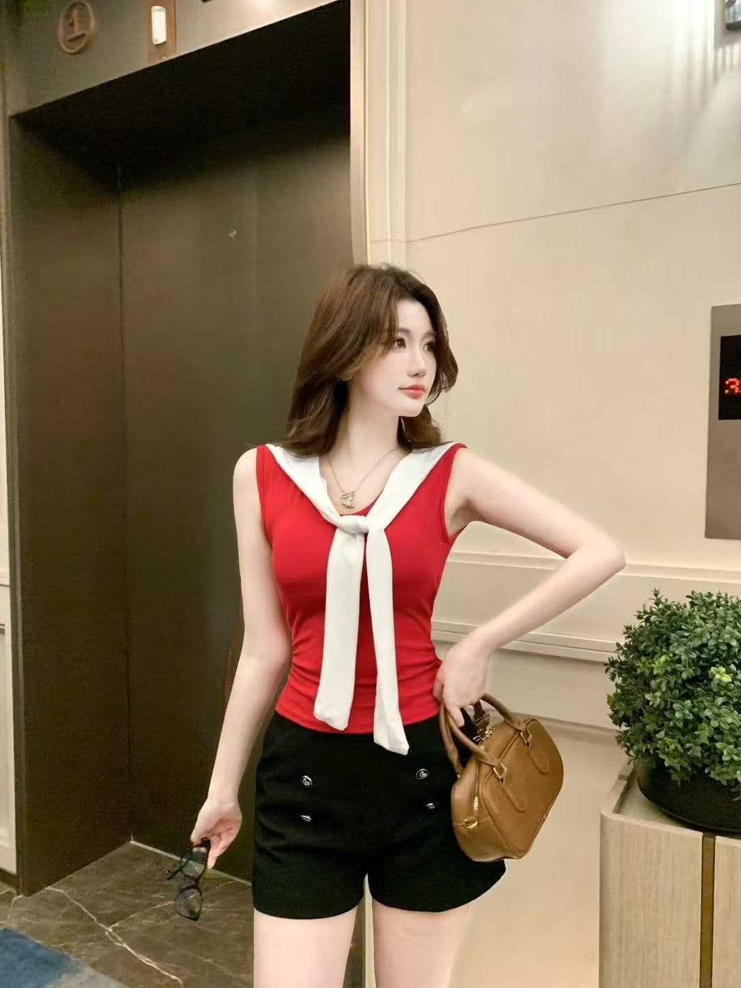 2026 새로운 봄 가슴 패드 배색 레이스업 V넥 민소매 조끼 여성 여름 인사이드 가져 가라. 외출용 허리 수축 슬림해 보이는 맨위 상세 이미지 13