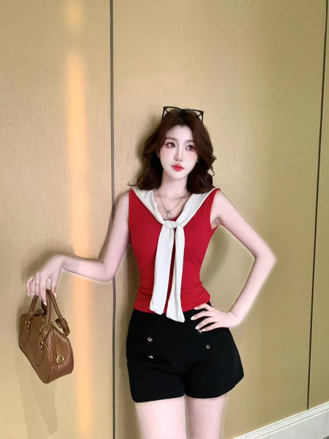 2026 새로운 봄 가슴 패드 배색 레이스업 V넥 민소매 조끼 여성 여름 인사이드 가져 가라. 외출용 허리 수축 슬림해 보이는 맨위 상세 이미지 14