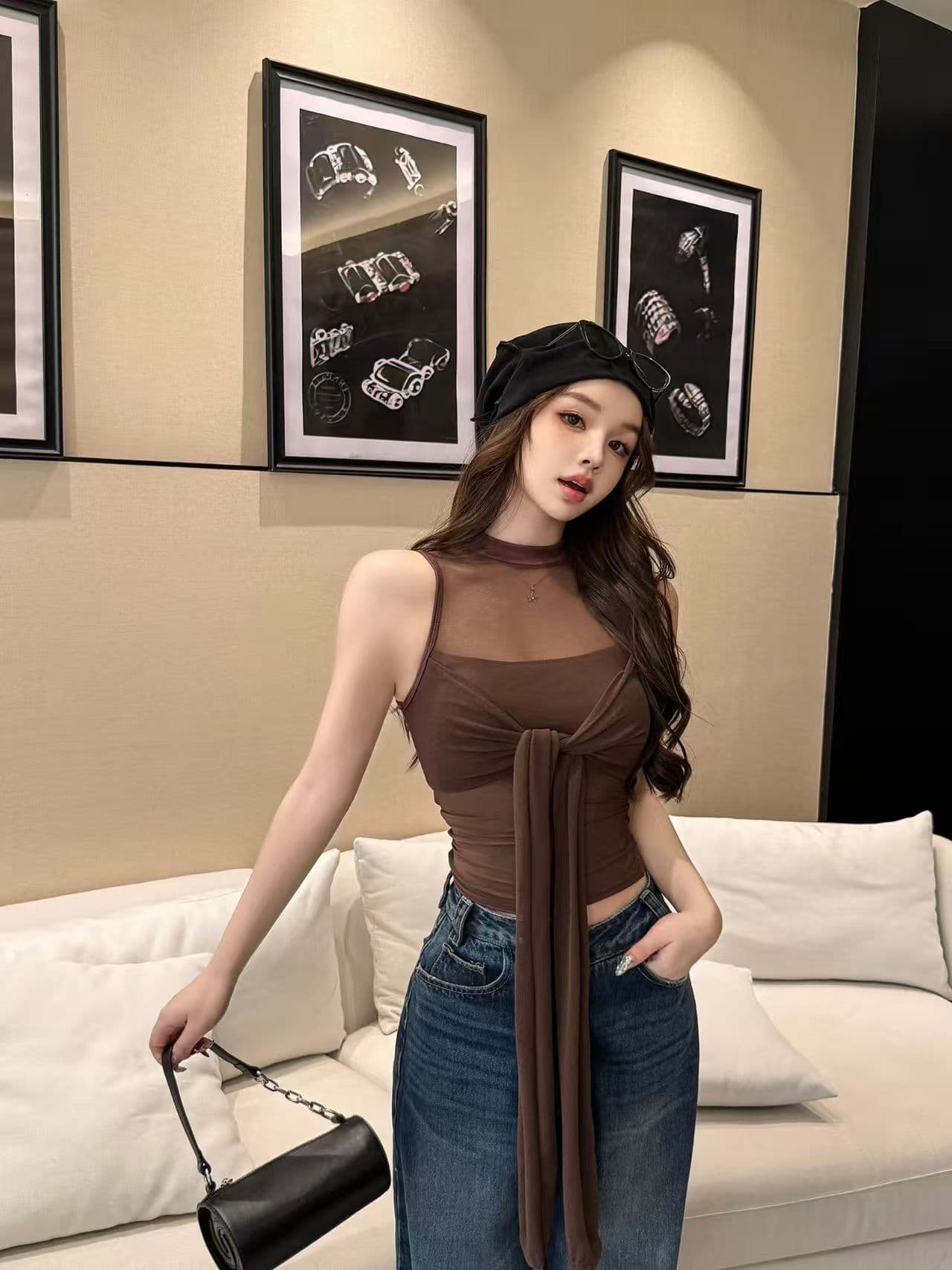 2026 새로운 가슴 패드 순수한 욕망 실 인터넷 마이크로 ~을 통해 캐미솔 봄 홀로우 아웃 섹시함 핫걸 비틀림 맨위 상세 이미지 2