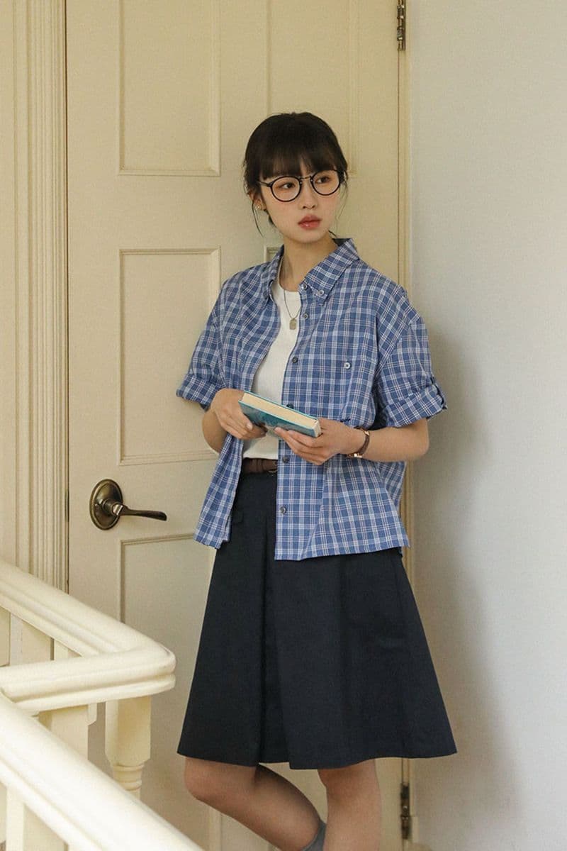 일본식 레트로 블루 격자 무늬 셔츠 반팔 여성 여름 2026 새로운 다용도 루즈핏 오픈 가디건 자외선 차단 외출용 셔츠 상세 이미지 1