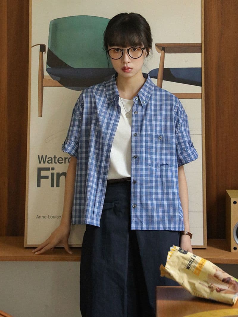 일본식 레트로 블루 격자 무늬 셔츠 반팔 여성 여름 2026 새로운 다용도 루즈핏 오픈 가디건 자외선 차단 외출용 셔츠 상세 이미지 2