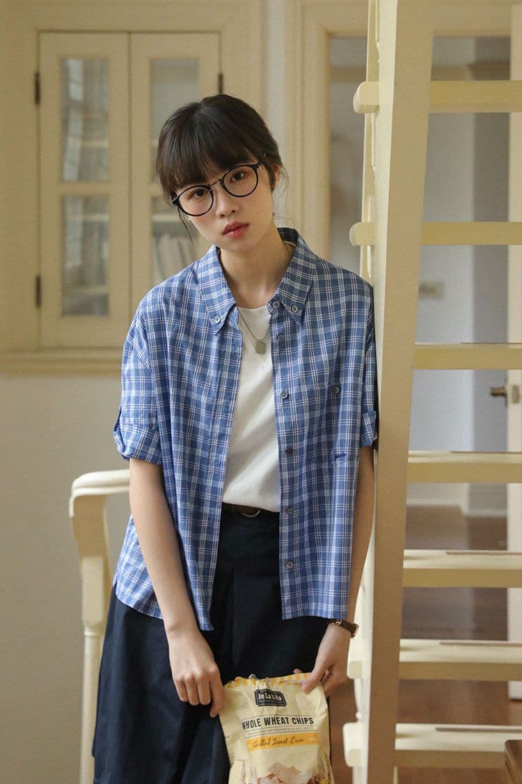 일본식 레트로 블루 격자 무늬 셔츠 반팔 여성 여름 2026 새로운 다용도 루즈핏 오픈 가디건 자외선 차단 외출용 셔츠 상세 이미지 6