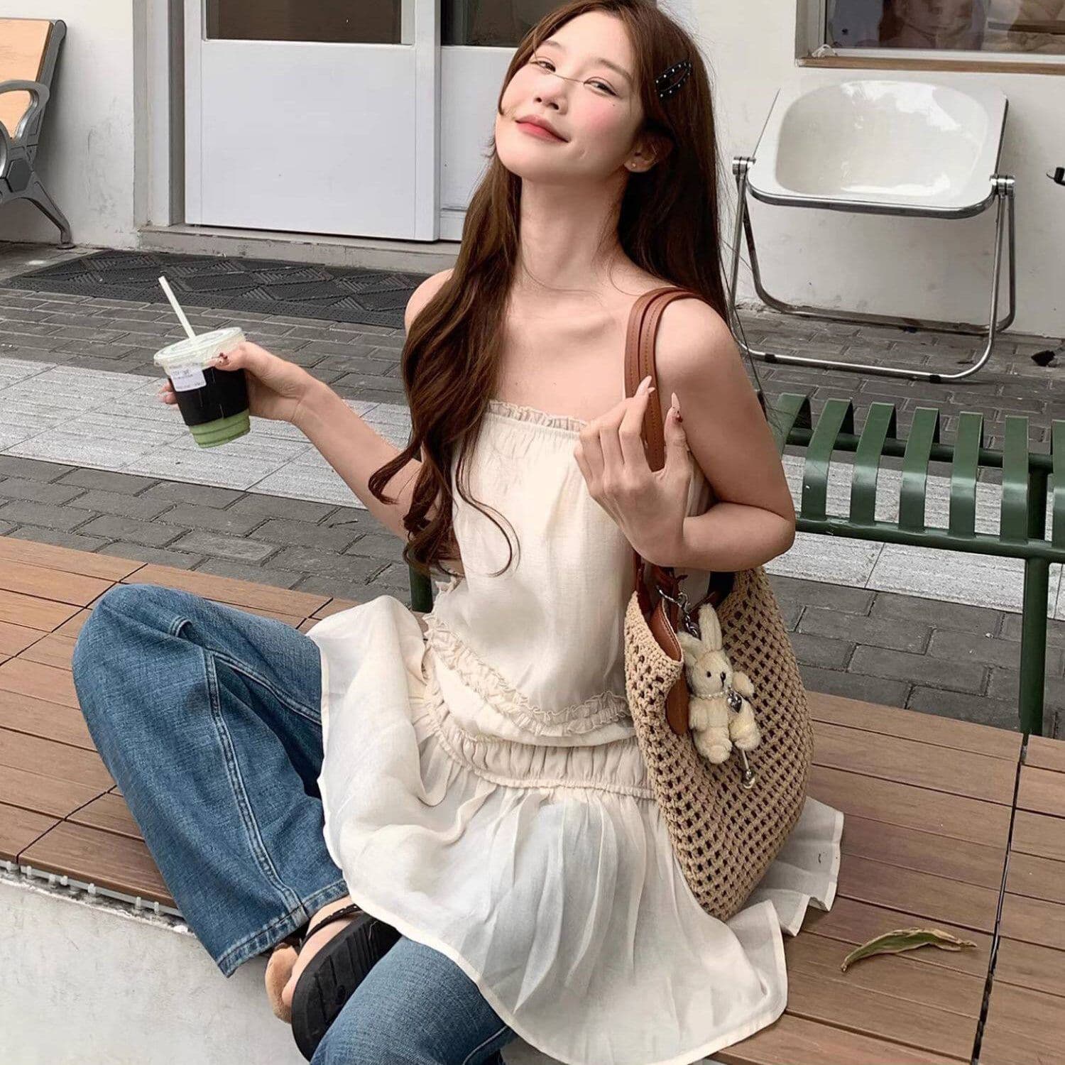 im ~까지 이슬 생각하기 같은 단락 라이 경기 서울 3 차원 주름 프릴 슬립 드레스 부드러운 도루 센스 마이크로 a 드레스 이미지 2