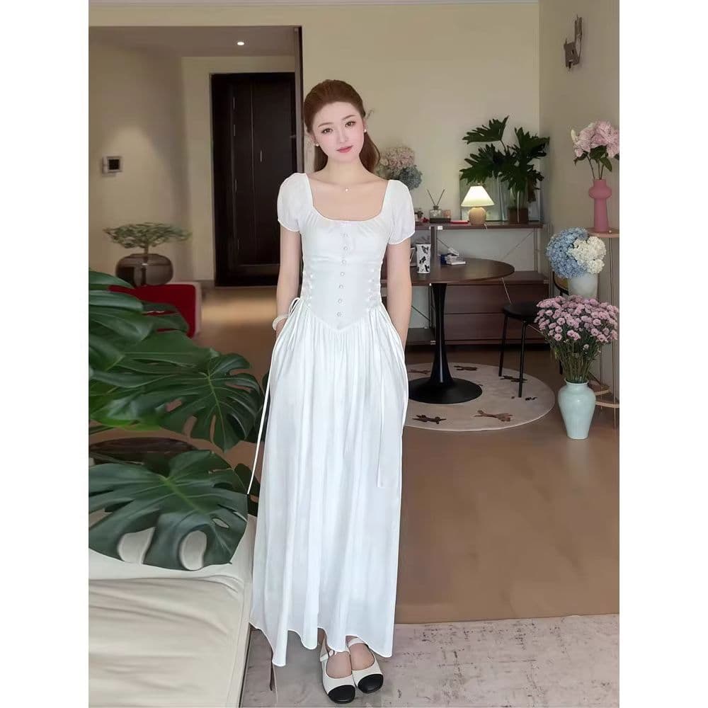 프랑스식 부드러운 바람 고급 센스 십자가 레이스업 화이트 드레스 아이들 여름 드레스 슬림해 보이는 허리 수축 반팔 A라인 스커트 상세 이미지 3