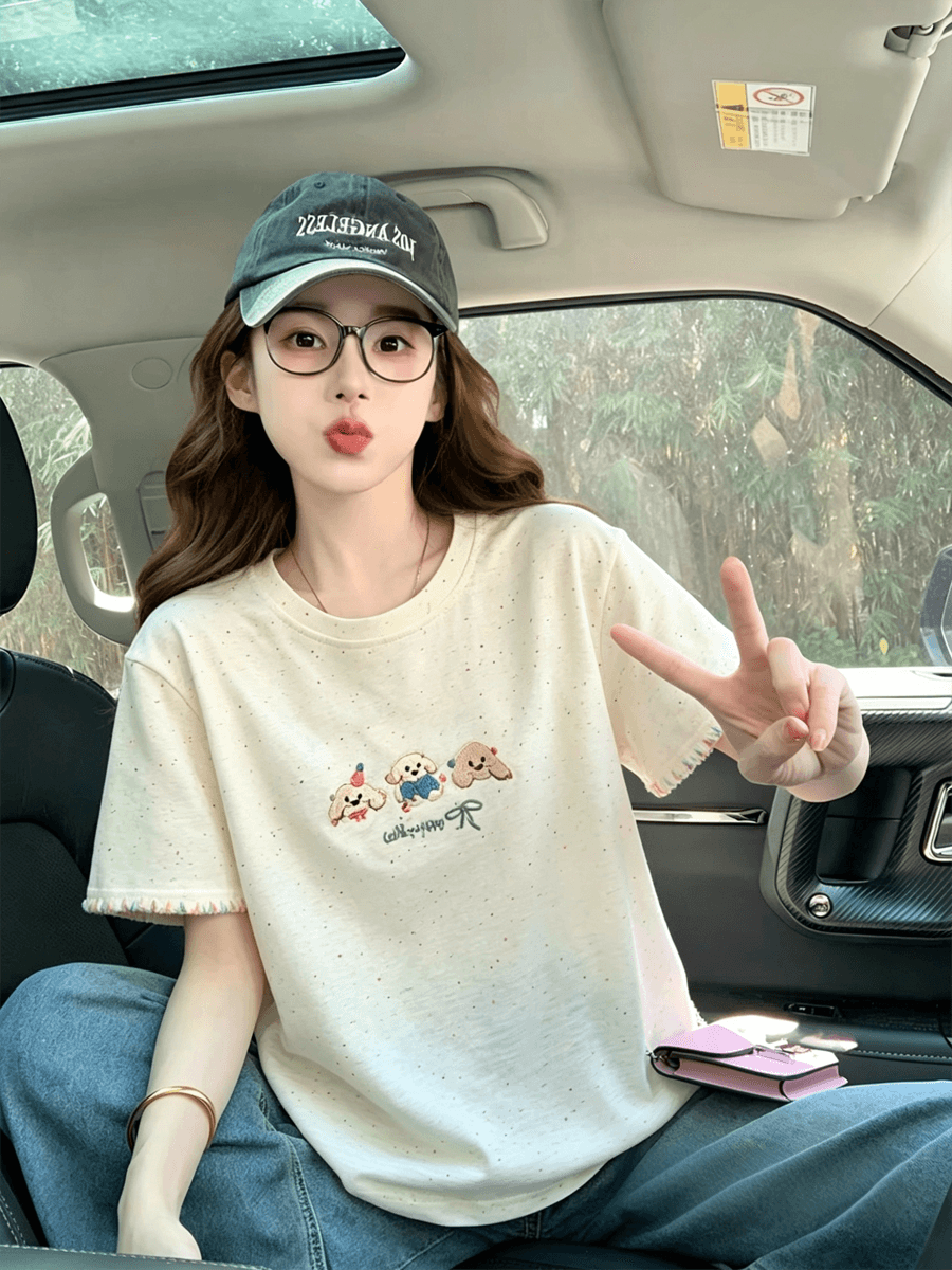 2026 새로운 무거운 여름 빅 사이즈 달콤함 자수 반팔 티셔츠 여성 고급 작은 대중 디자인 센스 맨위 트렌디 이미지 2