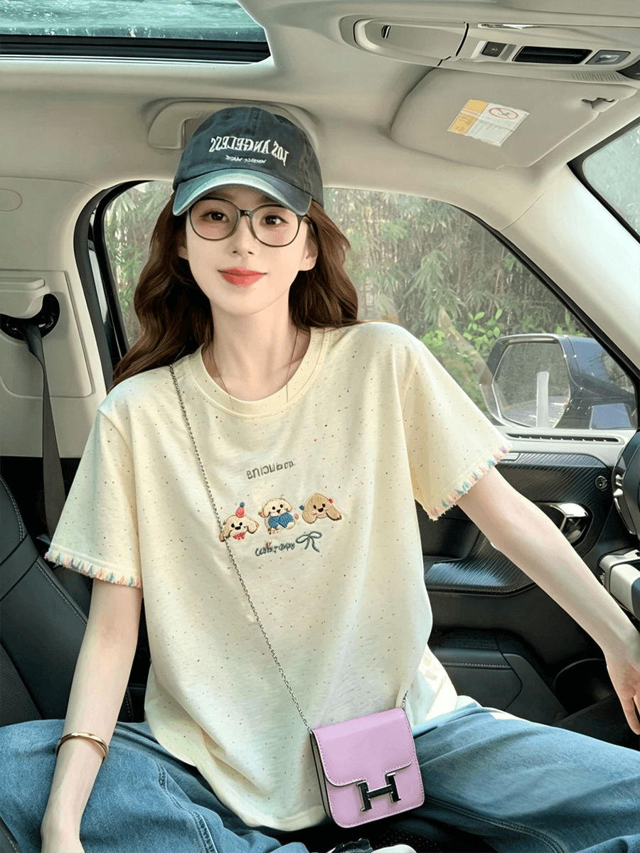 2026 새로운 무거운 여름 빅 사이즈 달콤함 자수 반팔 티셔츠 여성 고급 작은 대중 디자인 센스 맨위 트렌디 상세 이미지 3