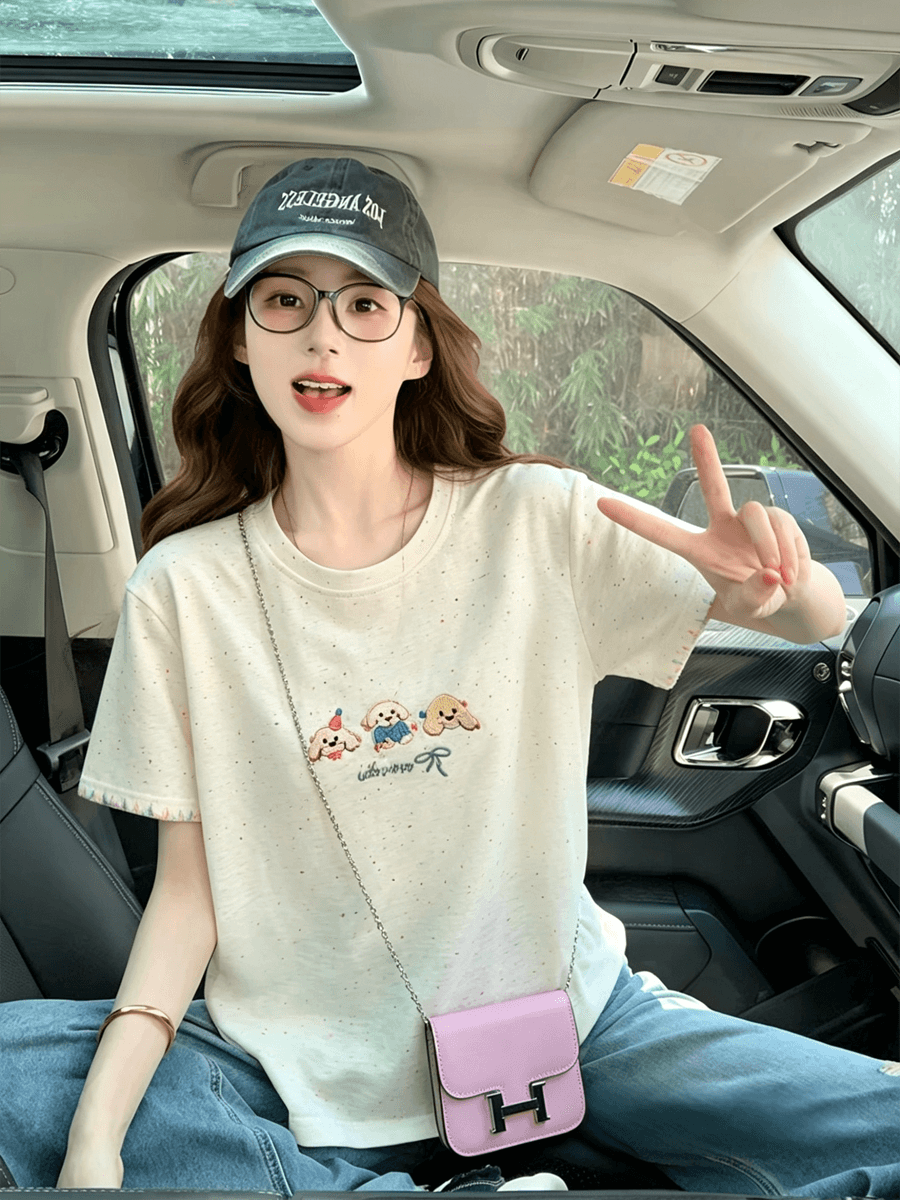 2026 새로운 무거운 여름 빅 사이즈 달콤함 자수 반팔 티셔츠 여성 고급 작은 대중 디자인 센스 맨위 트렌디 상세 이미지 4