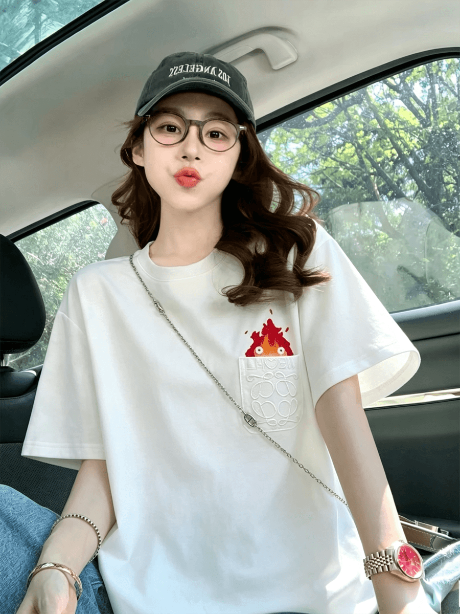 2026 새로운 무거운 순면 여름 일본식 작은 불 자수 반팔 티셔츠 남녀 출퇴근 커플 맨위 이미지 3