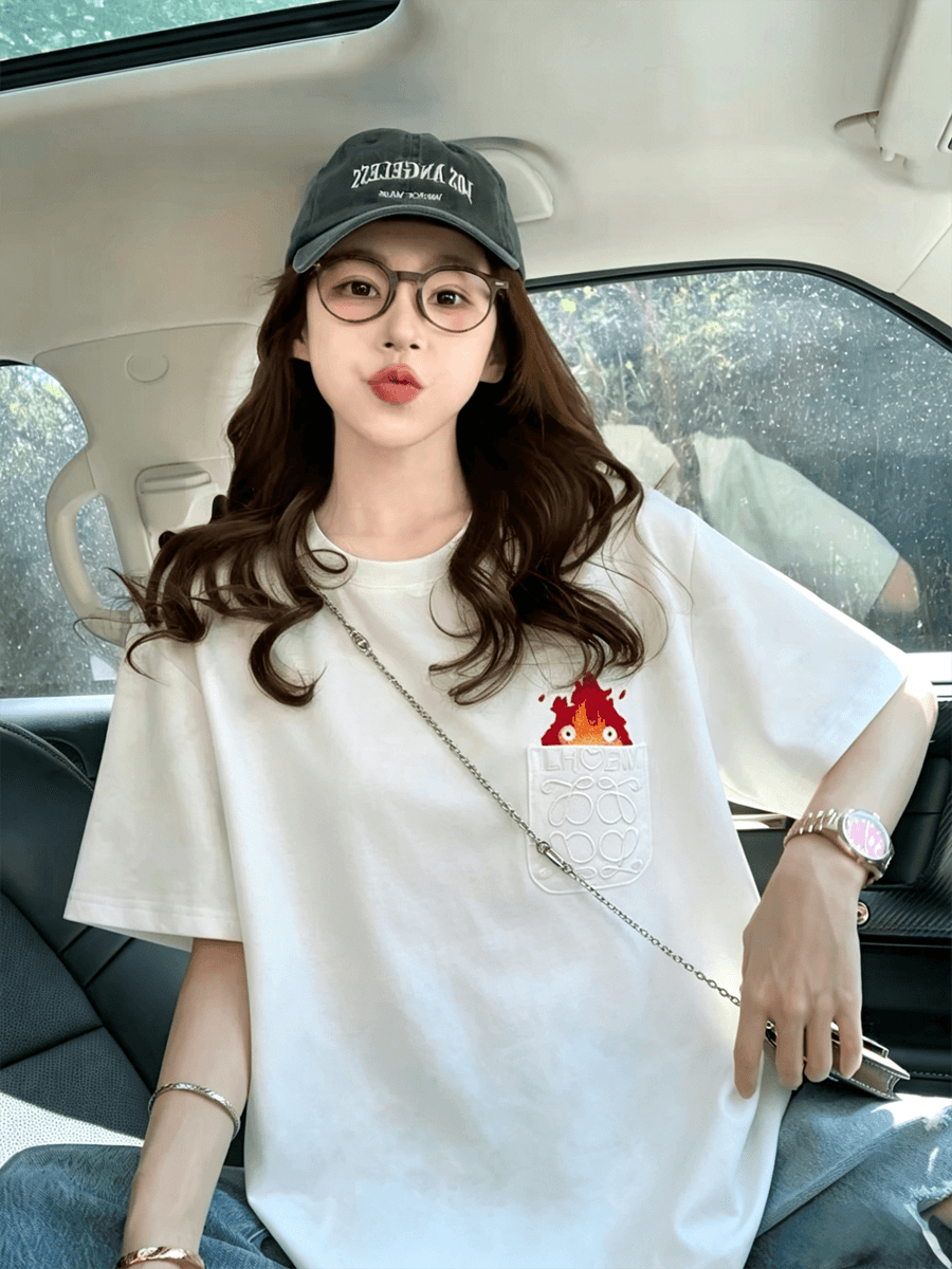 2026 새로운 무거운 순면 여름 일본식 작은 불 자수 반팔 티셔츠 남녀 출퇴근 커플 맨위