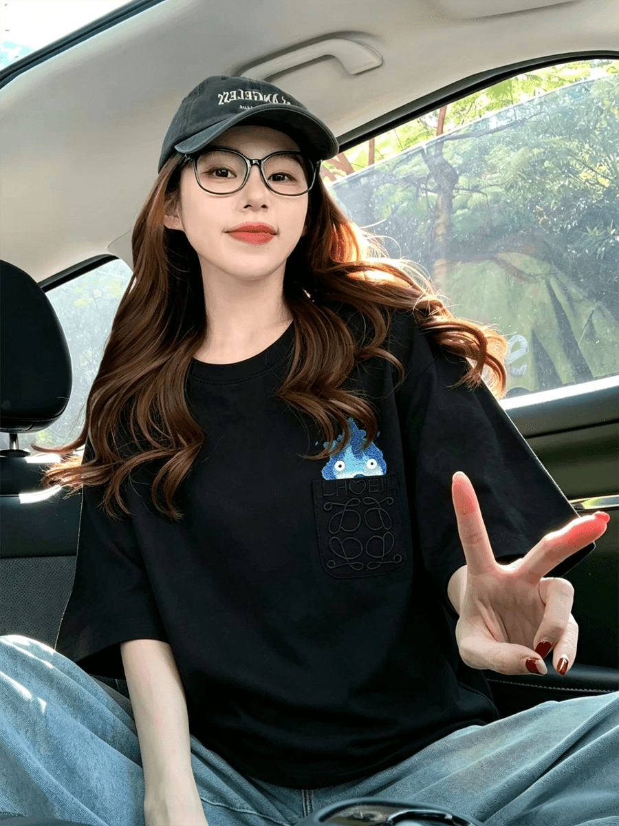 2026 새로운 무거운 순면 여름 일본식 작은 불 자수 반팔 티셔츠 남녀 출퇴근 커플 맨위 상세 이미지 4