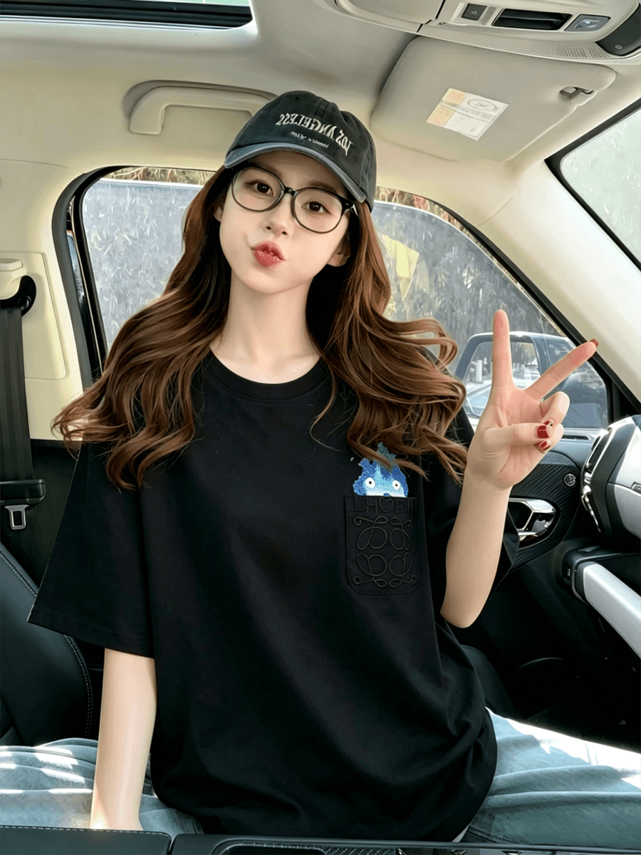2026 새로운 무거운 순면 여름 일본식 작은 불 자수 반팔 티셔츠 남녀 출퇴근 커플 맨위 상세 이미지 5