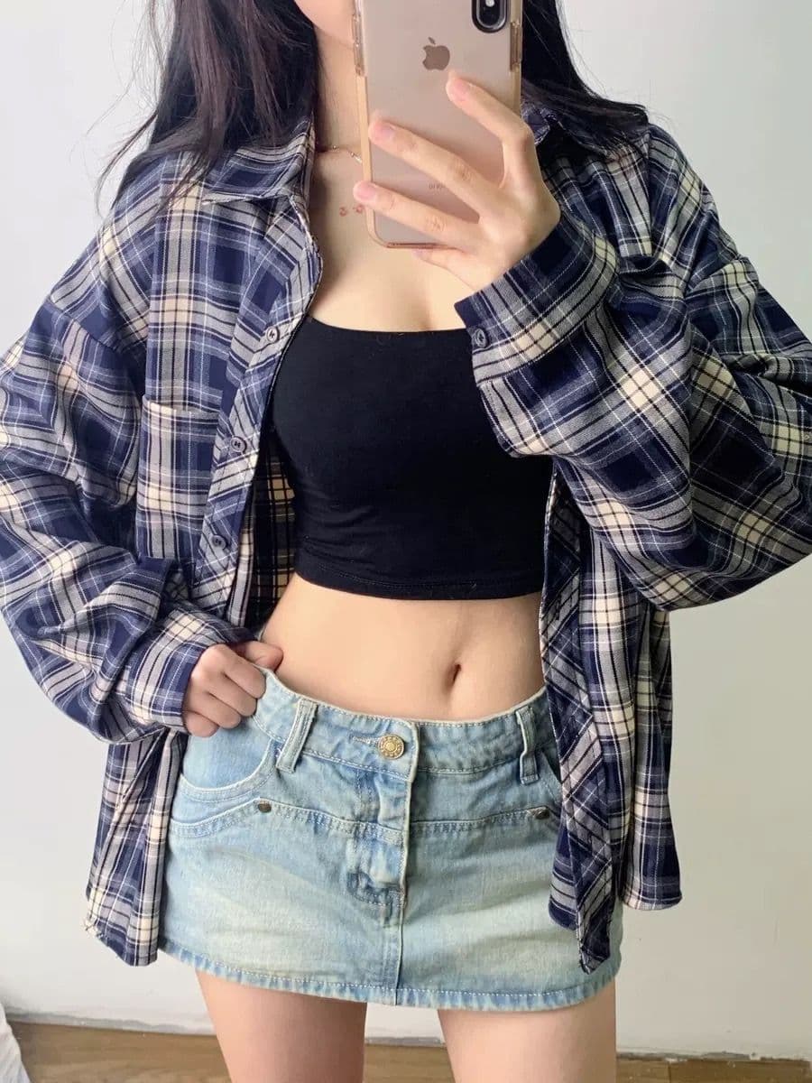 아메리칸 다용도 홍콩 느낌 루즈핏 긴팔 셔츠 재킷 체크무늬 여성 셔츠 봄 레트로 얇은 스타일 태양 보호 셔츠 맨위 이미지 4
