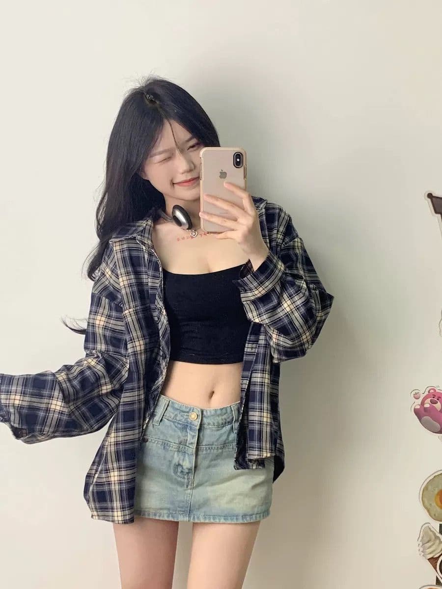 아메리칸 다용도 홍콩 느낌 루즈핏 긴팔 셔츠 재킷 체크무늬 여성 셔츠 봄 레트로 얇은 스타일 태양 보호 셔츠 맨위 상세 이미지 5