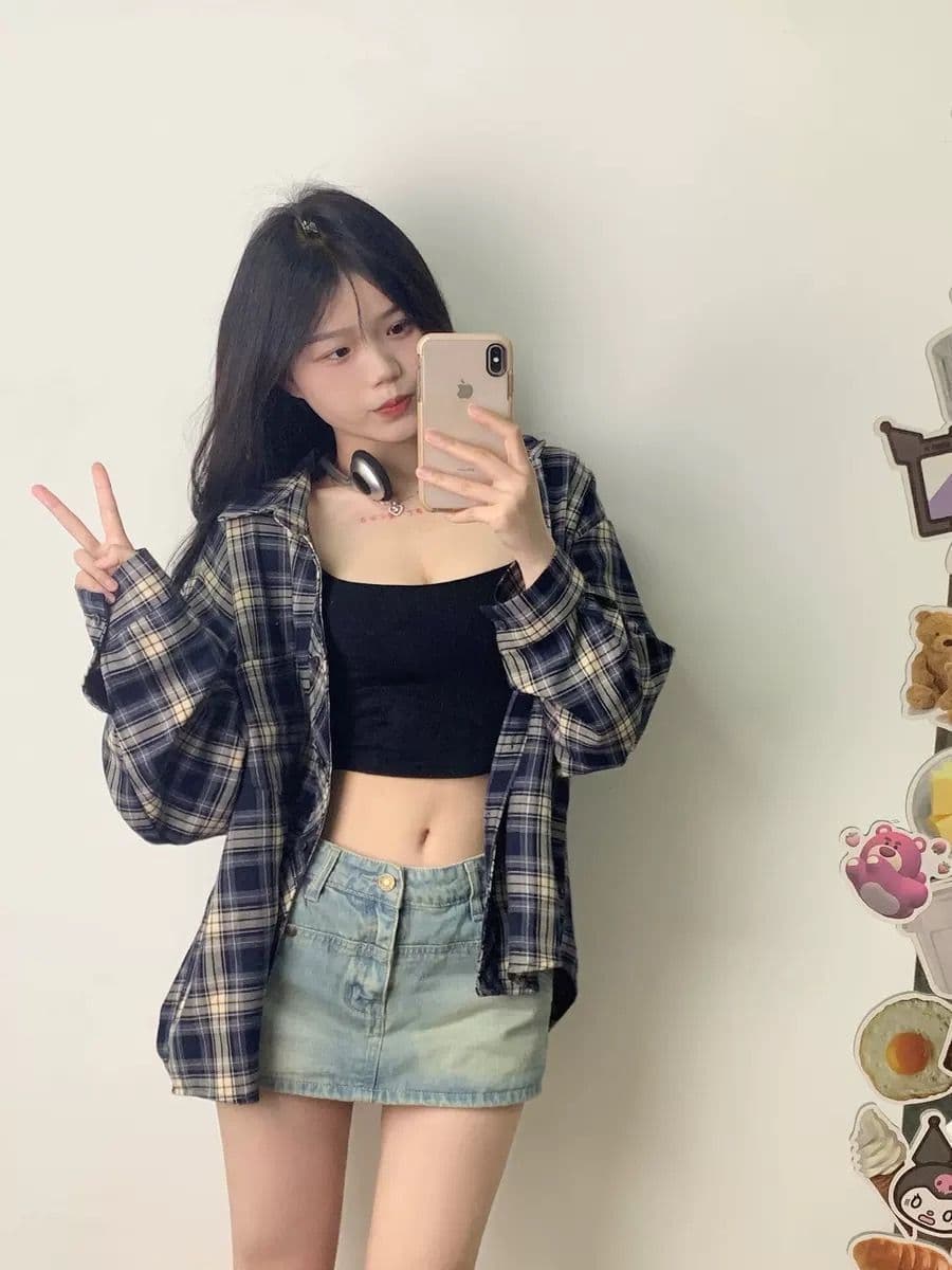 아메리칸 다용도 홍콩 느낌 루즈핏 긴팔 셔츠 재킷 체크무늬 여성 셔츠 봄 레트로 얇은 스타일 태양 보호 셔츠 맨위 상세 이미지 11