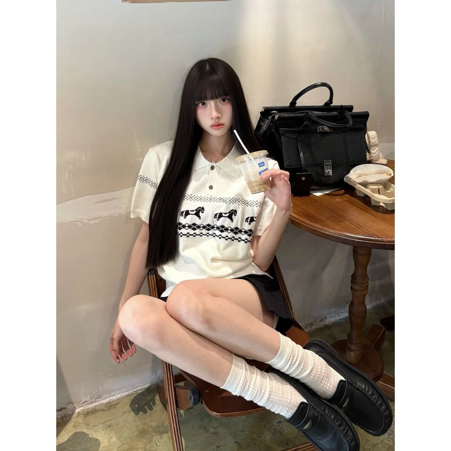 clearform 조용한 새끼 작은 말 공정한 섬 자카드 폴로 칼라 통기성 편안함 polo 니트 스웨터 반팔 tee