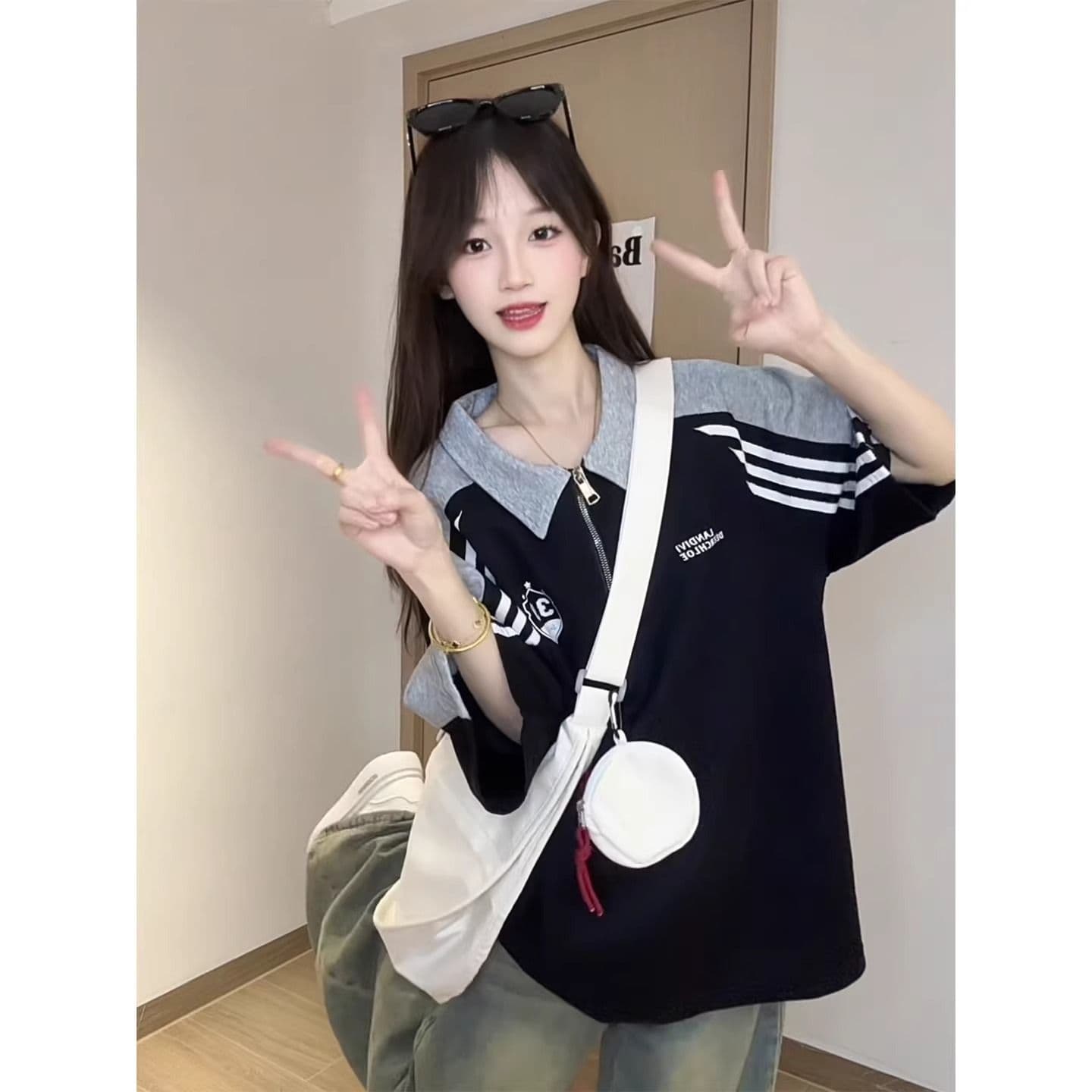 3개 바 패치워크 POLO 칼라 반팔 티셔츠 여성 여름 루즈핏 아메리칸 레트로 하프 지퍼 폴로 칼라 동정 맨위 이미지 4
