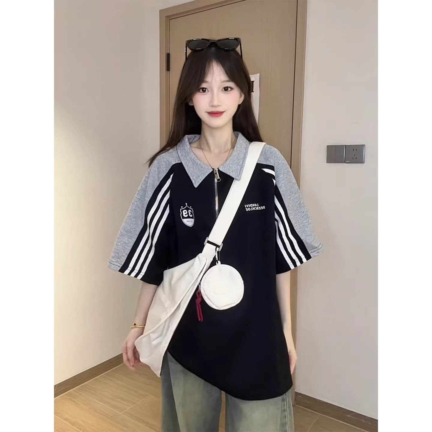 3개 바 패치워크 POLO 칼라 반팔 티셔츠 여성 여름 루즈핏 아메리칸 레트로 하프 지퍼 폴로 칼라 동정 맨위
