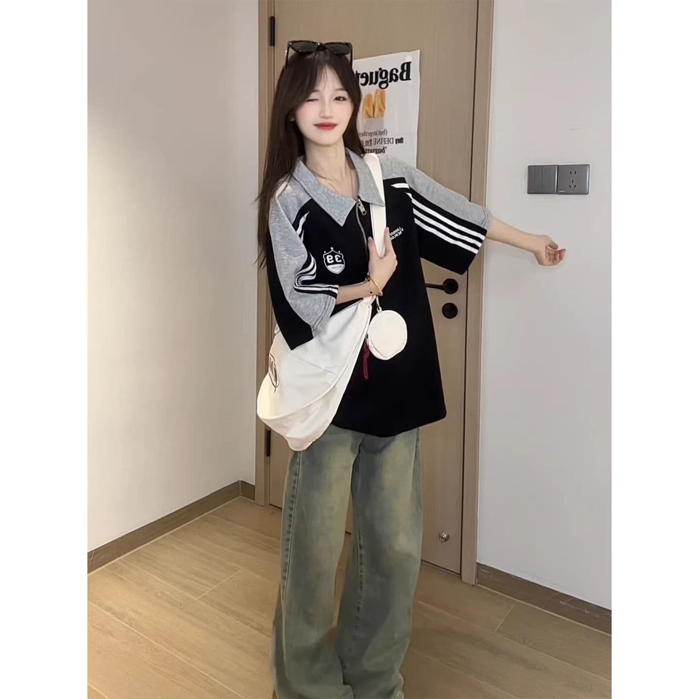 3개 바 패치워크 POLO 칼라 반팔 티셔츠 여성 여름 루즈핏 아메리칸 레트로 하프 지퍼 폴로 칼라 동정 맨위 이미지 2