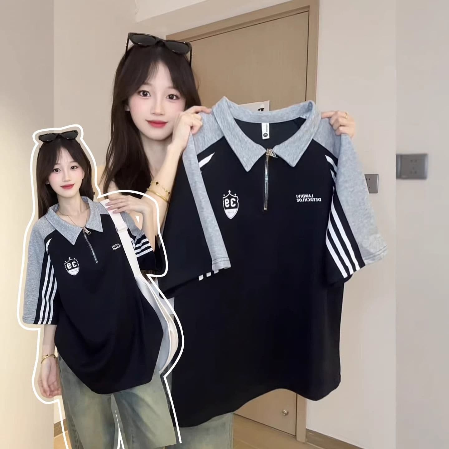 3개 바 패치워크 POLO 칼라 반팔 티셔츠 여성 여름 루즈핏 아메리칸 레트로 하프 지퍼 폴로 칼라 동정 맨위 상세 이미지 1