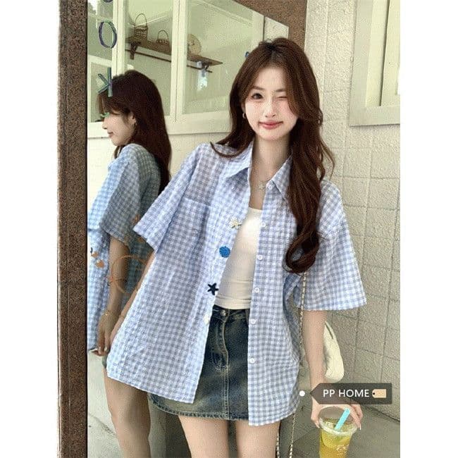 2026 새로운 남녀 재미있는 단추 여름 새로운 셔츠 Seersucker 반팔