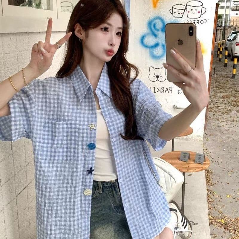 2026 새로운 남녀 재미있는 단추 여름 새로운 셔츠 Seersucker 반팔 이미지 3