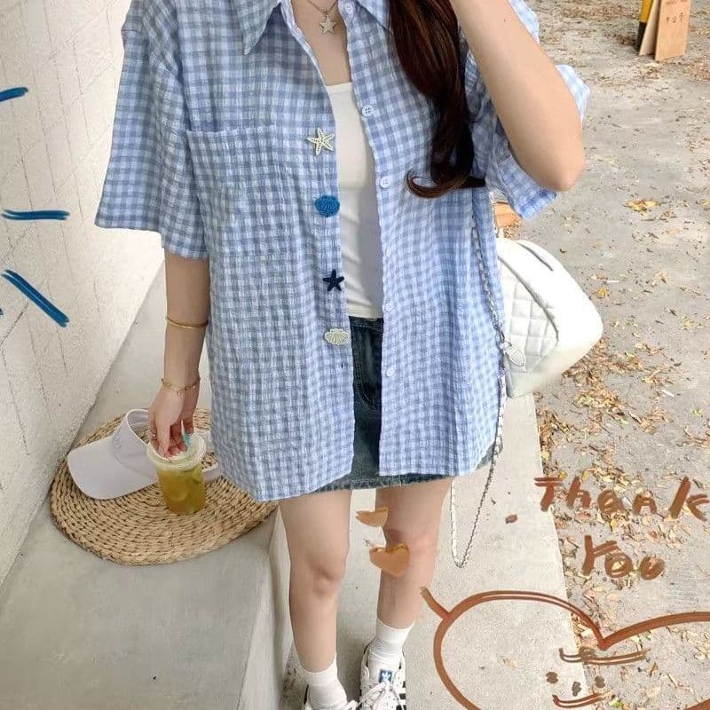 2026 새로운 남녀 재미있는 단추 여름 새로운 셔츠 Seersucker 반팔 이미지 4