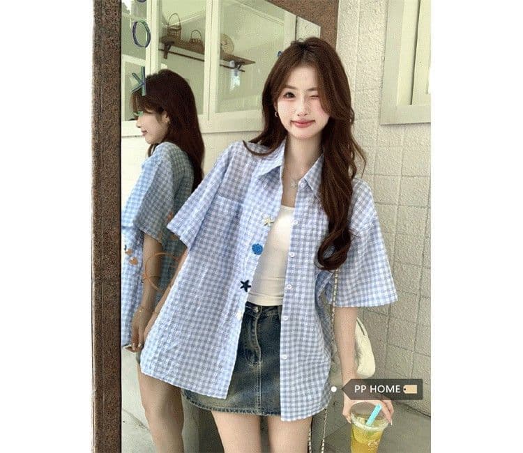 2026 새로운 남녀 재미있는 단추 여름 새로운 셔츠 Seersucker 반팔 상세 이미지 4