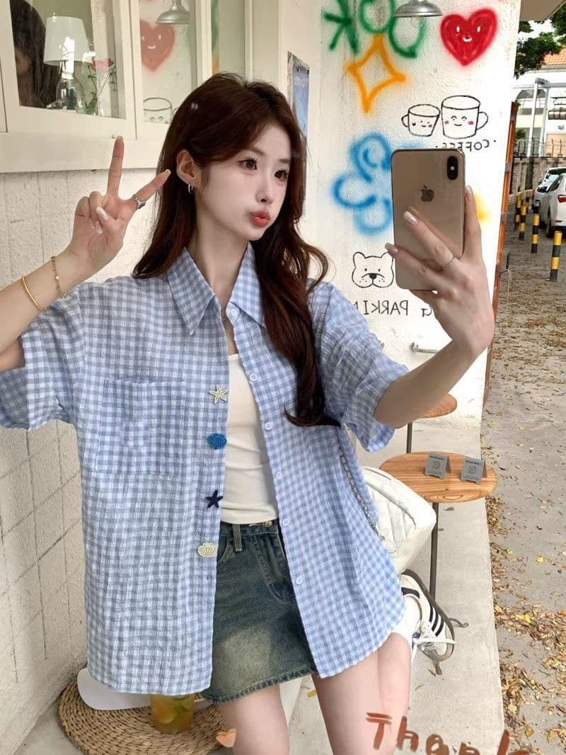 2026 새로운 남녀 재미있는 단추 여름 새로운 셔츠 Seersucker 반팔 상세 이미지 5