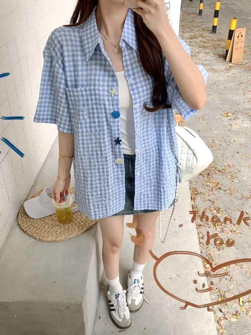 2026 새로운 남녀 재미있는 단추 여름 새로운 셔츠 Seersucker 반팔 상세 이미지 6