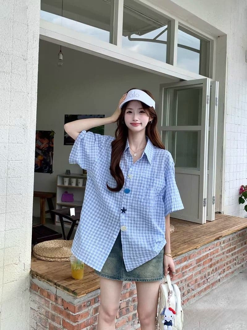 2026 새로운 남녀 재미있는 단추 여름 새로운 셔츠 Seersucker 반팔 상세 이미지 9
